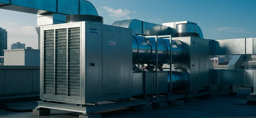 Unidades de climatizacao HVAC e dutos metalicos instalados no telhado de um edificio sob ceu azul.