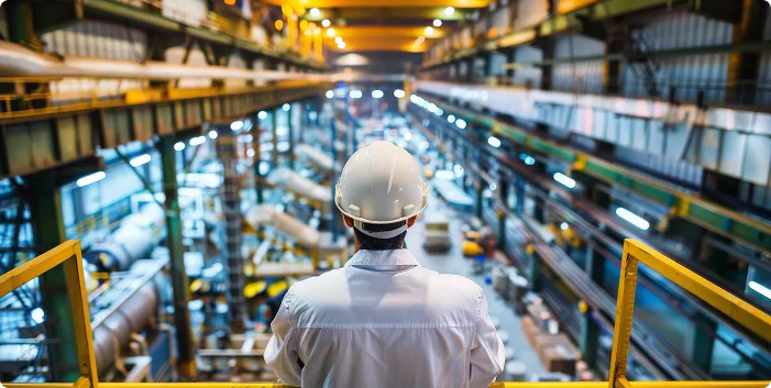 Operador de capacete branco observa o interior de uma ampla planta industrial com pontes rolantes.